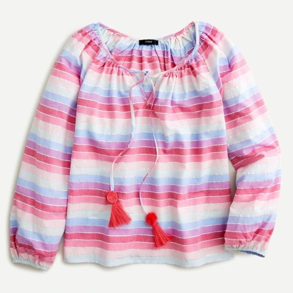 NWT J. Crew Metallic Pastel Pink Purple Striped Peasant Top Size Small - Picture 2 of 7